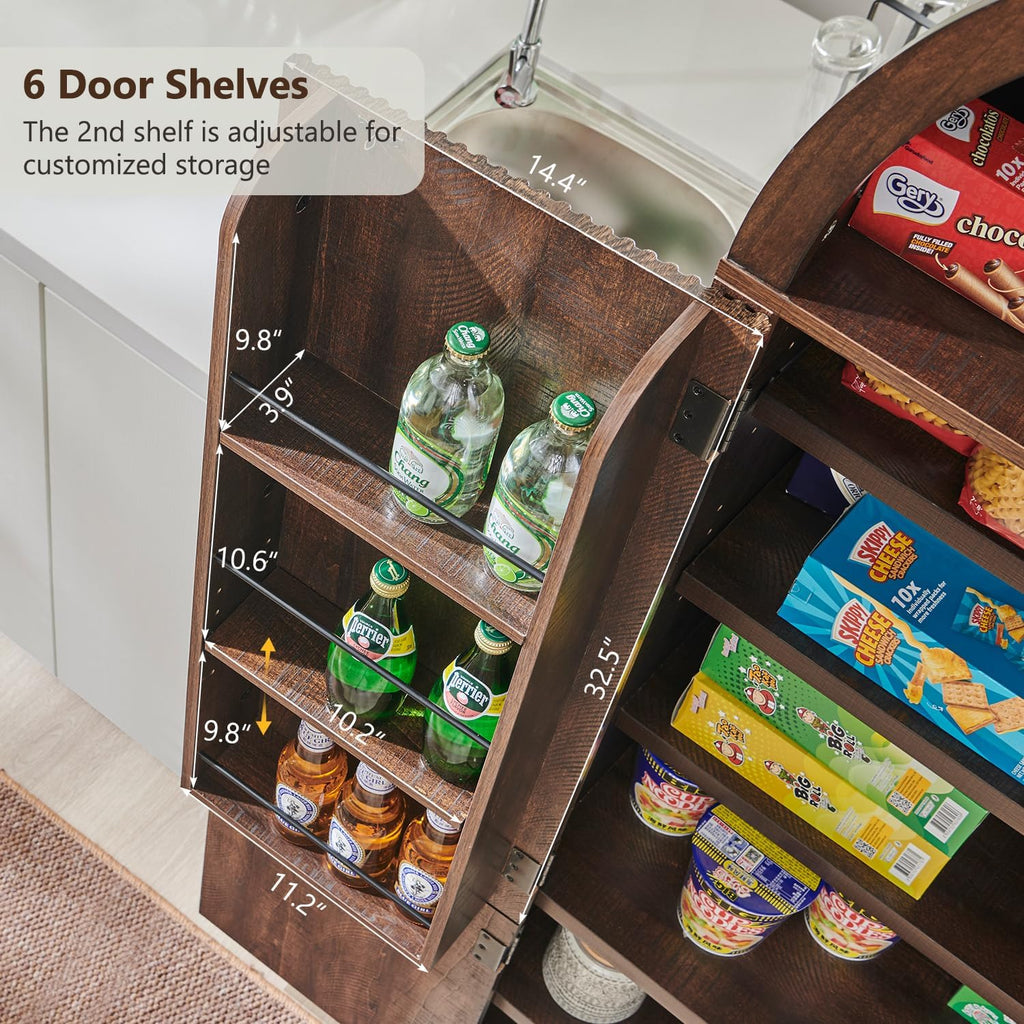 Tall Arched Kitchen Pantry Cabinet with Fluted Doors, Freestanding Storage Cabinet with Adjustable Shelves for Kitchen, Dining Room & Living Room