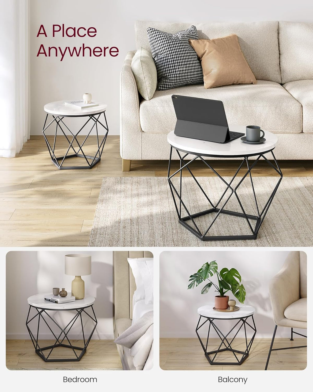 Round Nesting Coffee Table Set, Modern Marble Top Side Tables with Steel Frame, Small Space Living Room End Tables