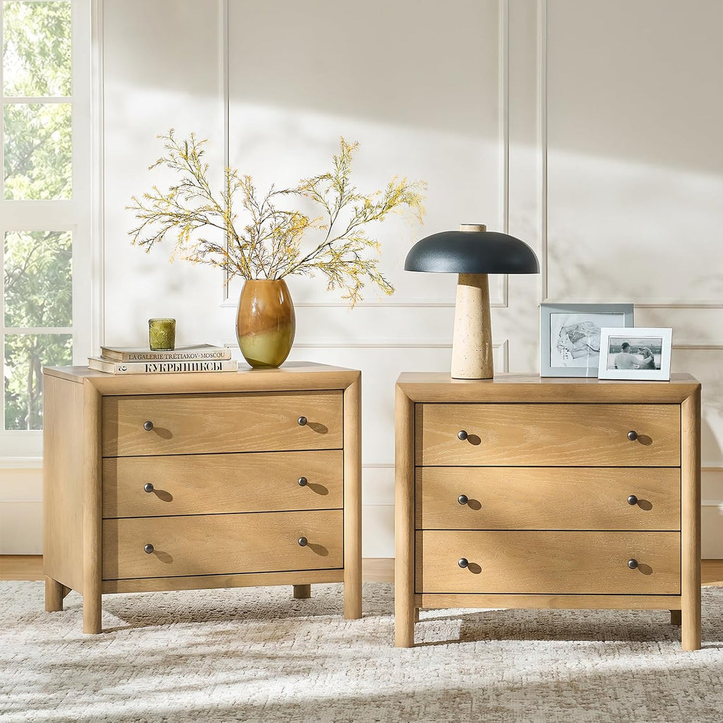 Nightstand with Charging Station, 3-Drawer Bedside Table with USB-C & AC Outlets, Solid Wood Frame End Table for Bedroom & Living Room, No Assembly
