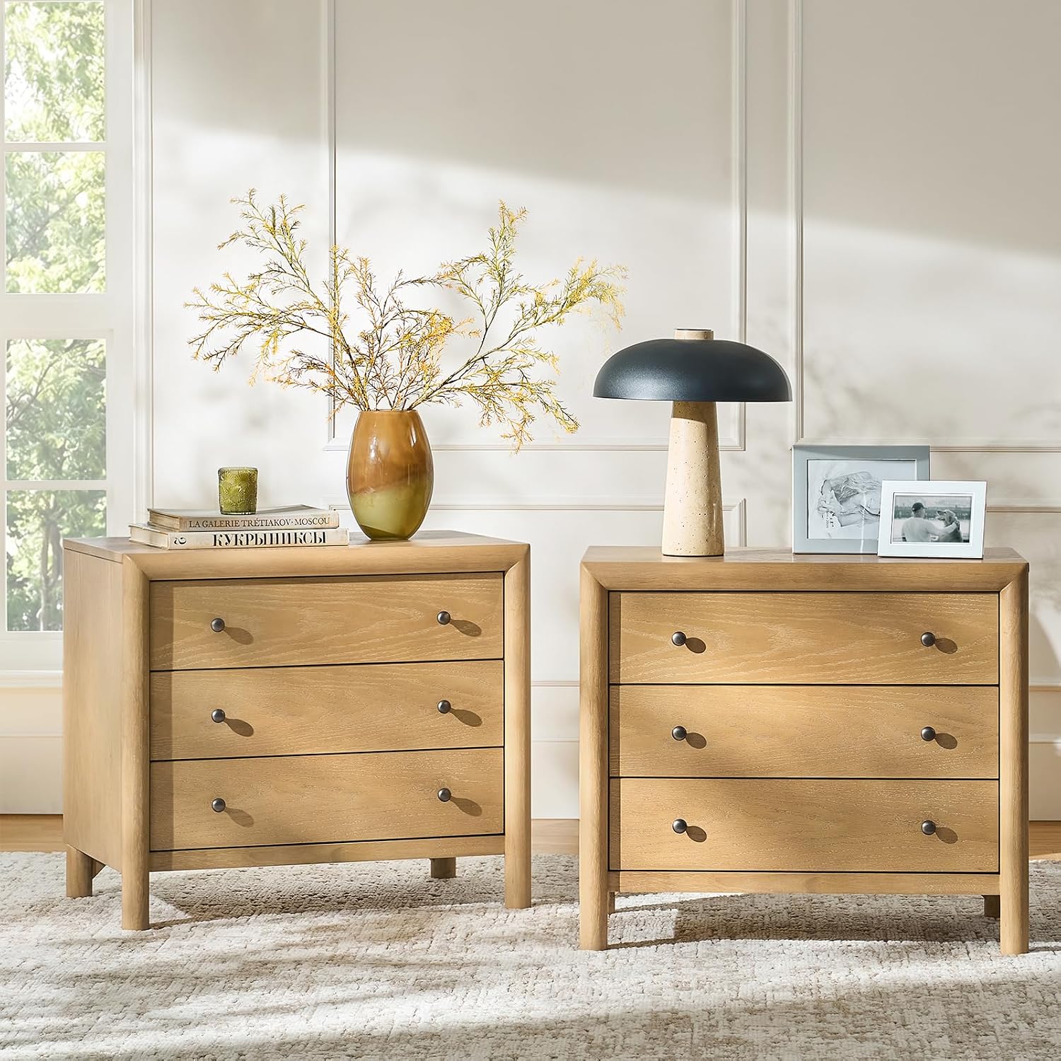 Nightstand with Charging Station, 3-Drawer Bedside Table with USB-C & AC Outlets, Solid Wood Frame End Table for Bedroom & Living Room, No Assembly