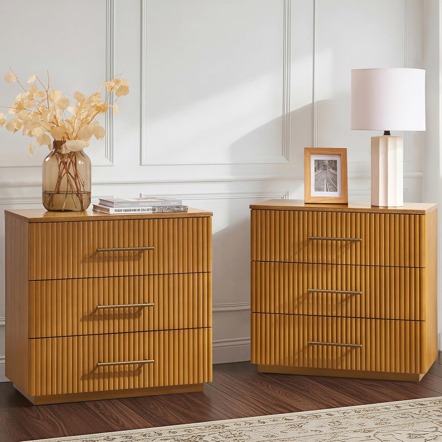 3-Drawer Nightstand with Charging Station, Fluted Wood Bedside Table with USB Ports for Bedroom & Living Room, Modern Storage End Table