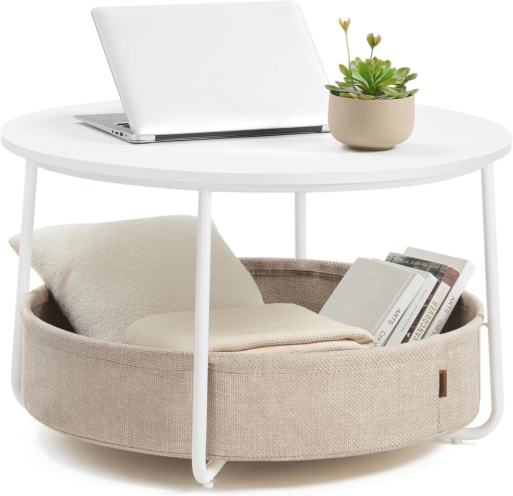 Round Coffee Table with Storage Basket, 29.5" Modern Fabric Storage Living Room Table, Minimalist Center Table with Steel Frame
