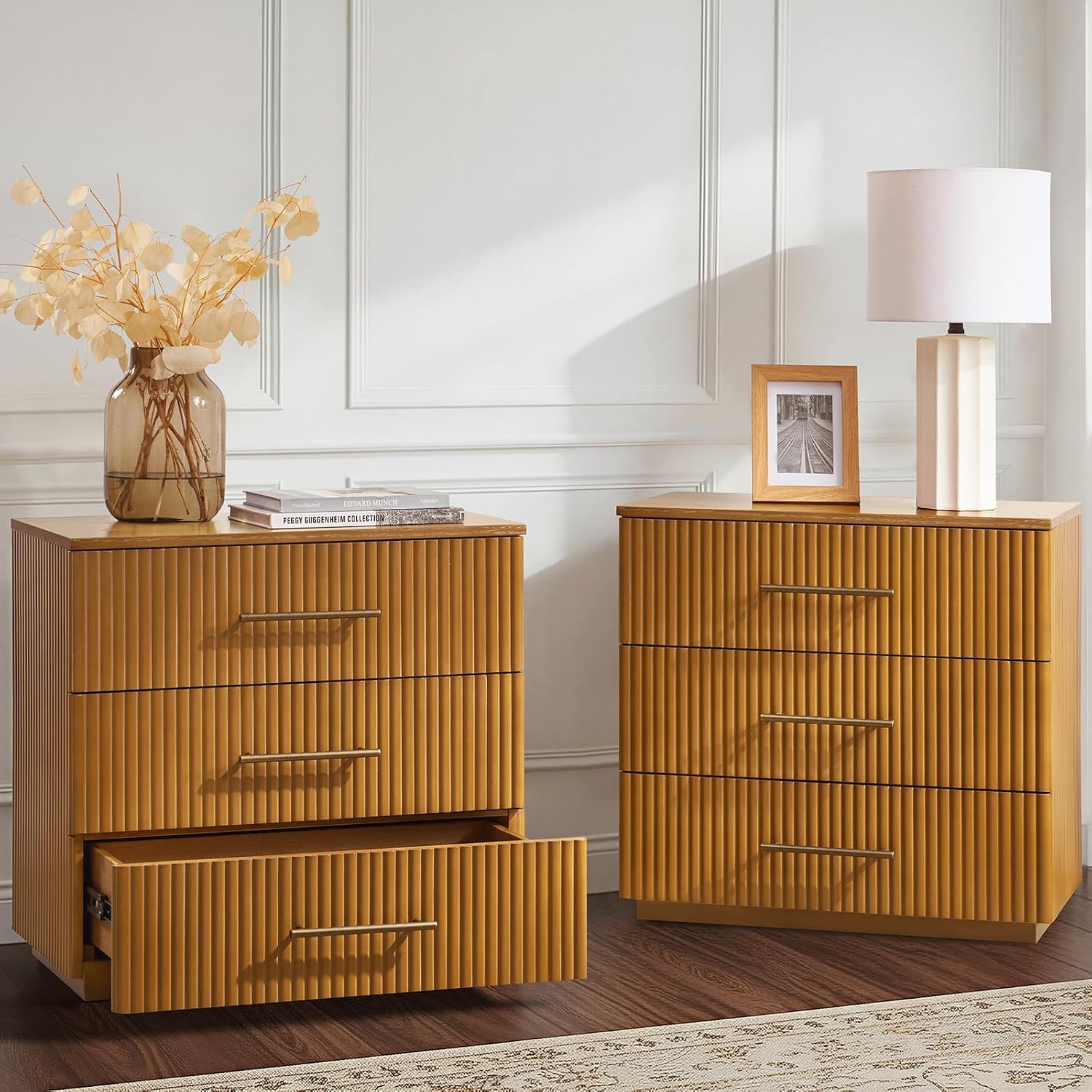 3-Drawer Nightstand with Charging Station, Fluted Wood Bedside Table with USB Ports for Bedroom & Living Room, Modern Storage End Table