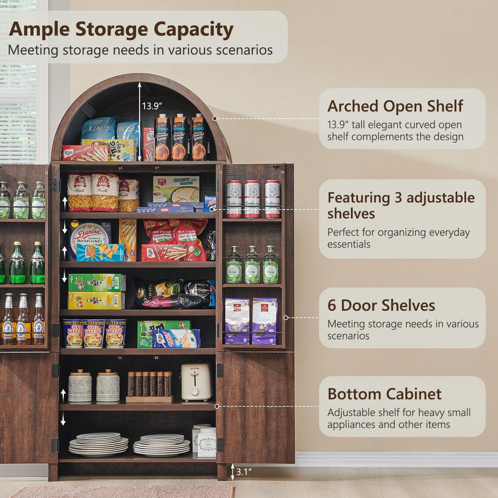 Tall Arched Kitchen Pantry Cabinet with Fluted Doors, Freestanding Storage Cabinet with Adjustable Shelves for Kitchen, Dining Room & Living Room