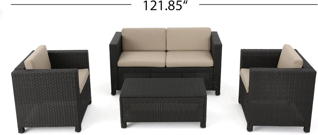 Acacia Wood Outdoor Bench with Iron Legs, Beige Cushion Patio Bench Seating, Modern Rustic Garden & Porch Bench