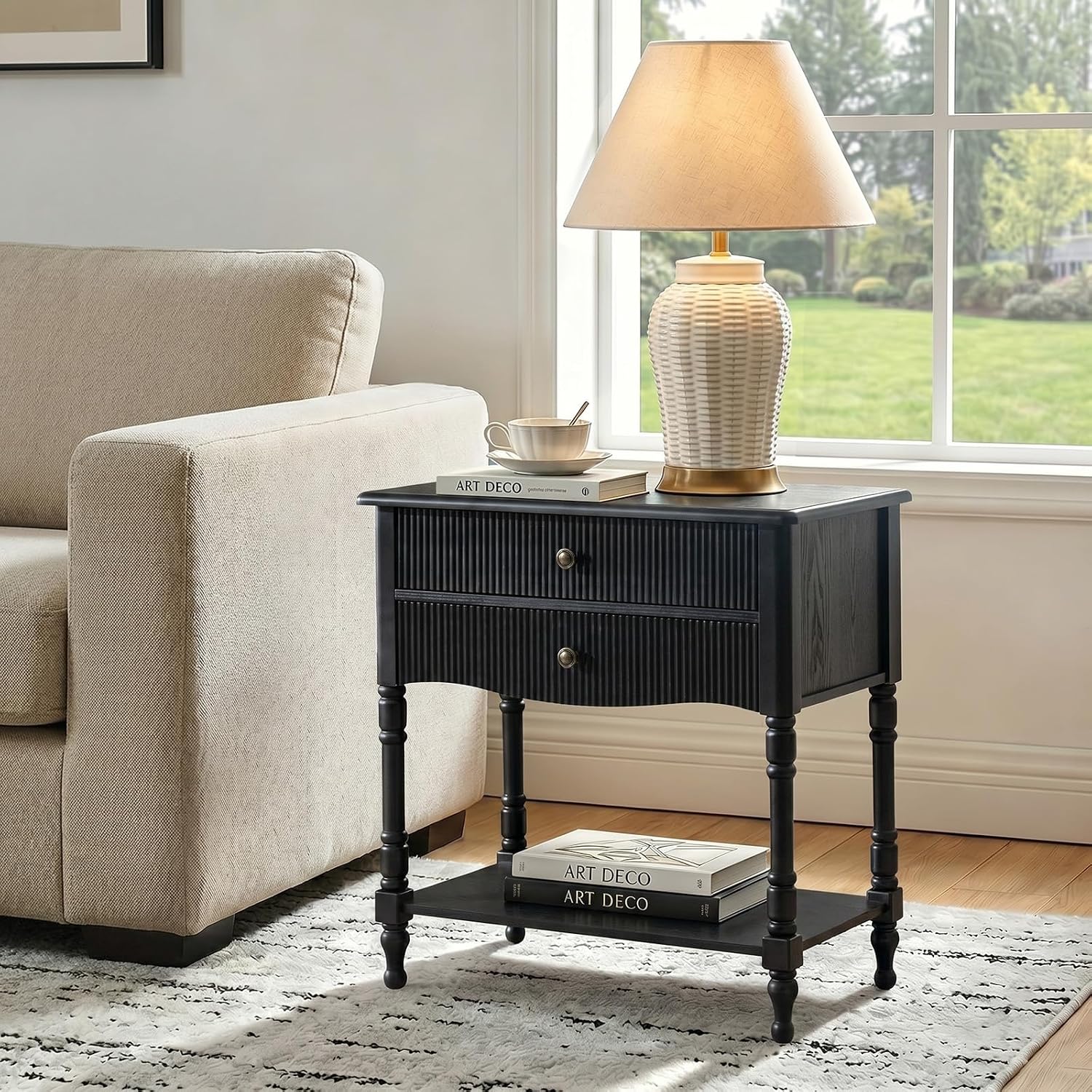 Nightstand with Charging Station, 3-Tier End Table with USB-C & AC Outlet, Fluted Wood Bedside Table with Drawer Storage for Bedroom & Living Room