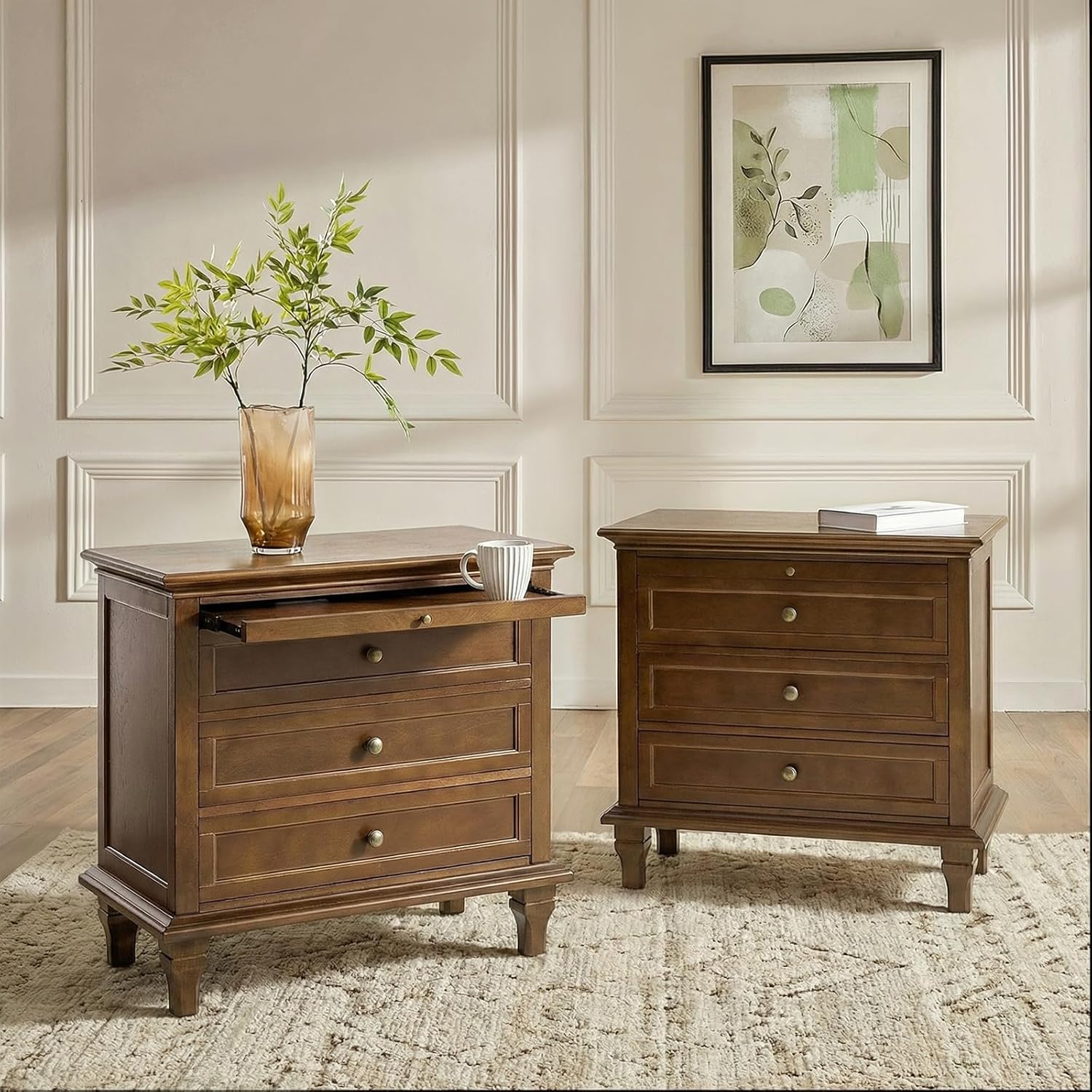 Farmhouse End Table with Charging Station & 3 Drawers, Wooden Nightstand with Slide-Out Tray for Bedroom & Living Room