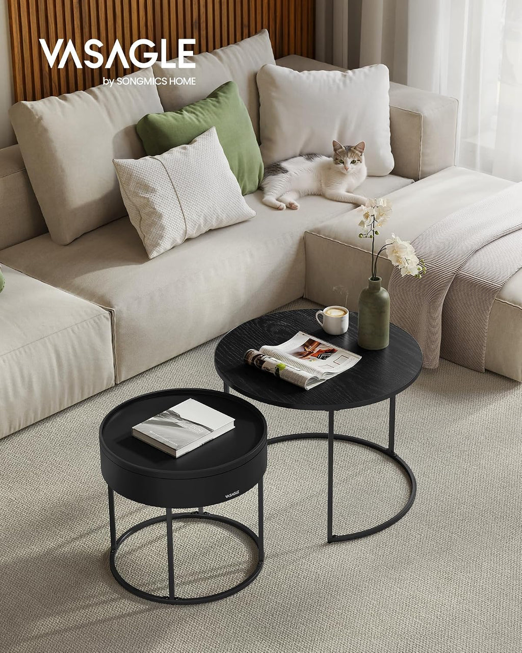 Round Nesting Coffee Tables Set, Space-Saving Side Tables with Storage, Modern Stackable Living Room End Tables with Steel Frame