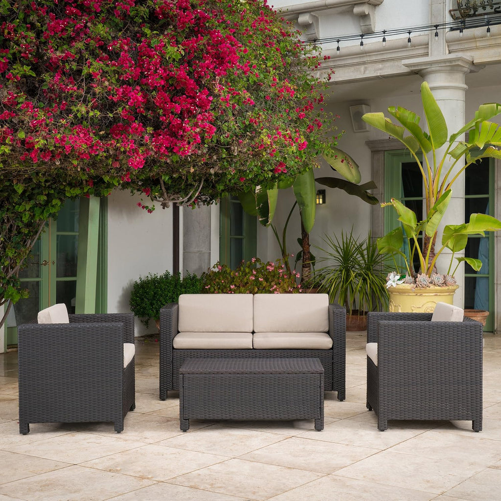Acacia Wood Outdoor Bench with Iron Legs, Beige Cushion Patio Bench Seating, Modern Rustic Garden & Porch Bench