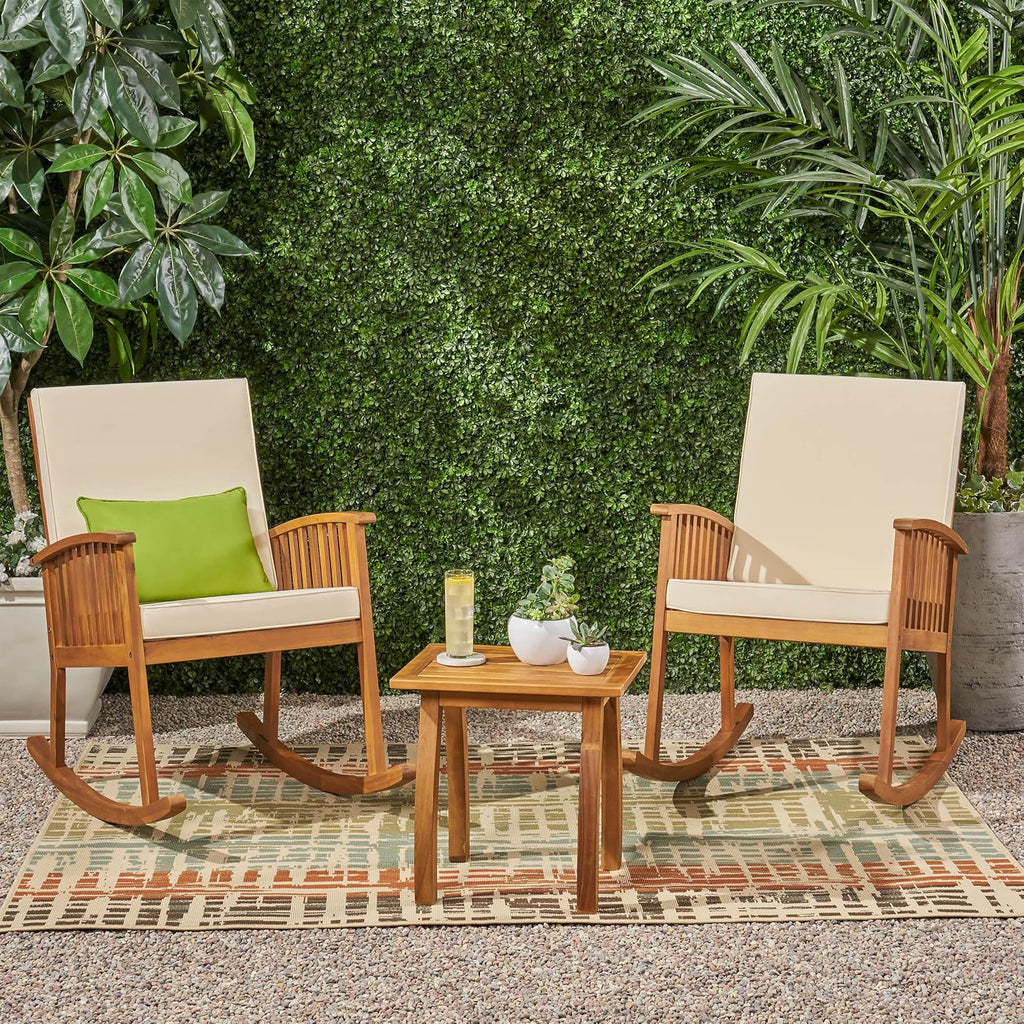 Acacia Wood Rocking Chair Set with Side Table, Outdoor Patio Rocker Chairs with Cushions for Garden, Porch & Balcony