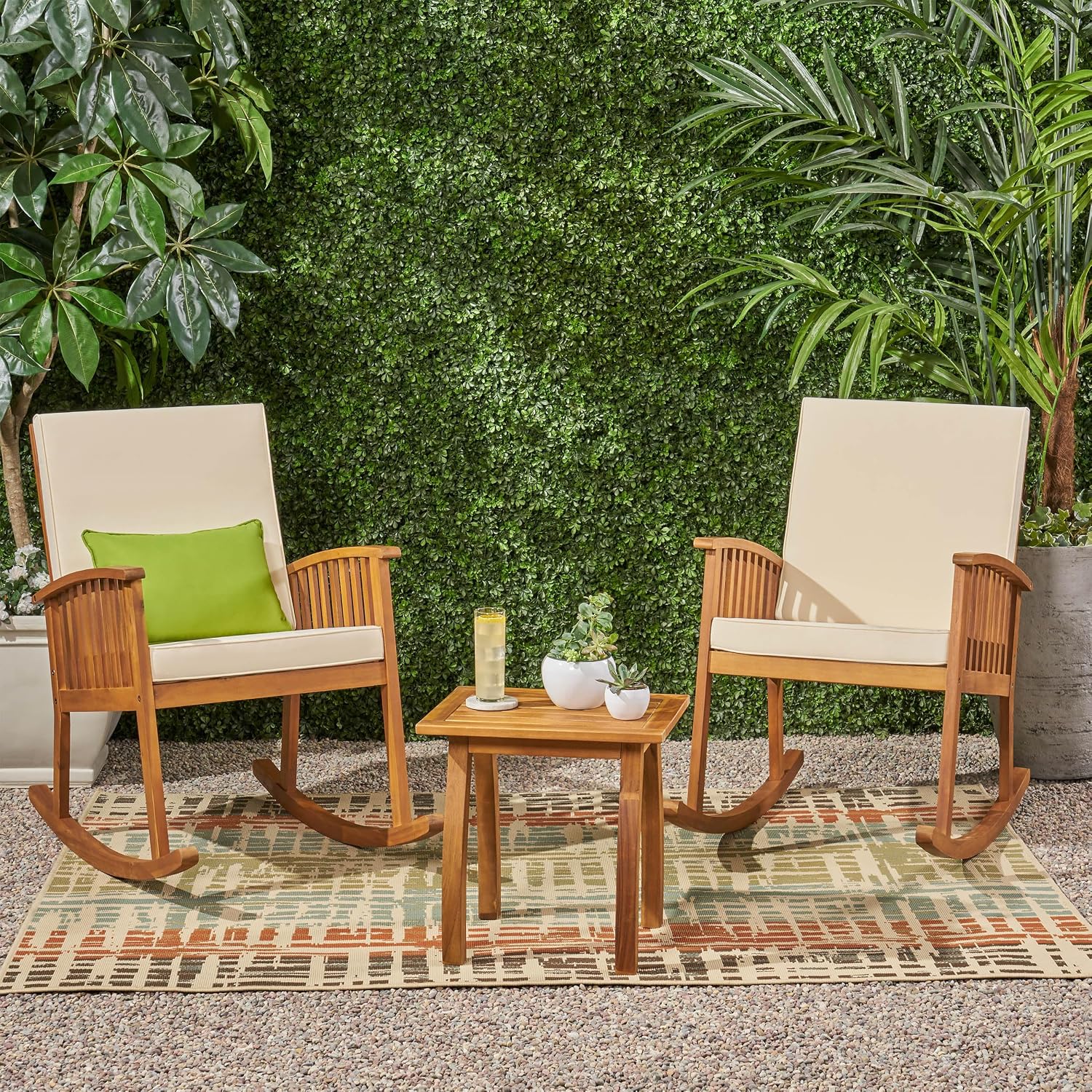 Acacia Wood Rocking Chair Set with Side Table, Outdoor Patio Rocker Chairs with Cushions for Garden, Porch & Balcony
