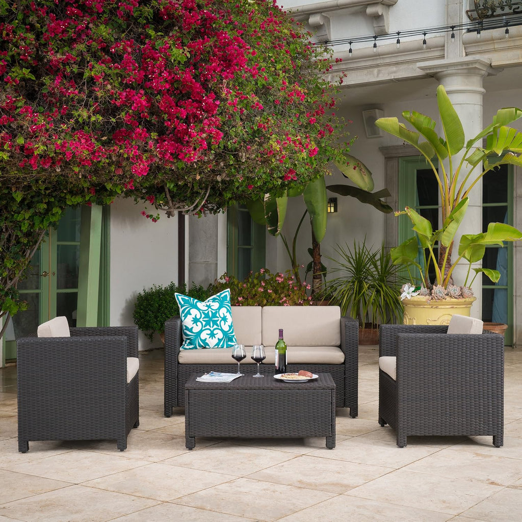 Acacia Wood Outdoor Bench with Iron Legs, Beige Cushion Patio Bench Seating, Modern Rustic Garden & Porch Bench